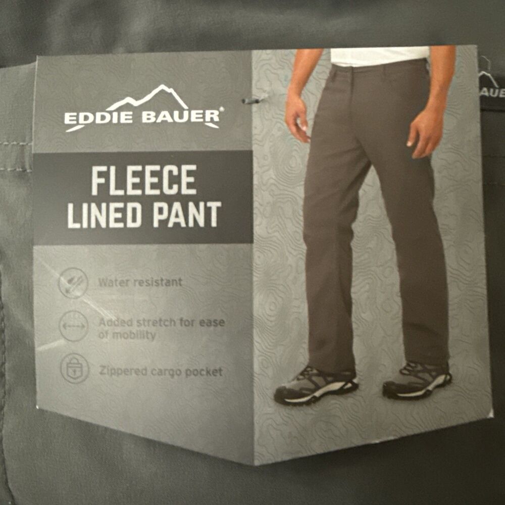 NEW Eddie Bauer Men's Fleece Lined Pants Water Repellent UPF 50 38 X 30 Gray